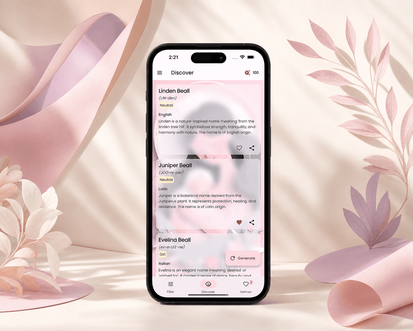 Namely discover screen with baby name meanings and related suggestions