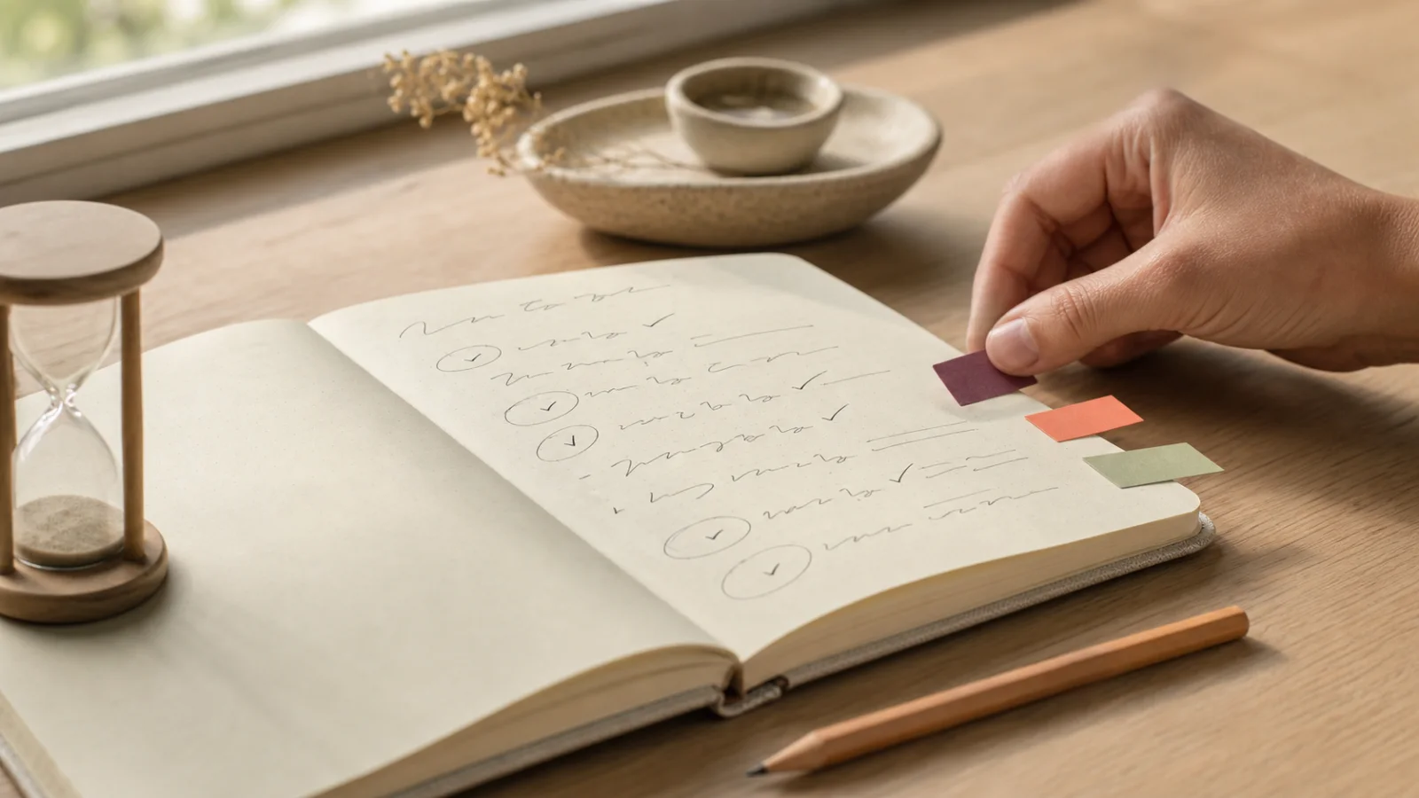 A hand sorting colored tabs beside a notebook and sand timer during a focused shortlist session