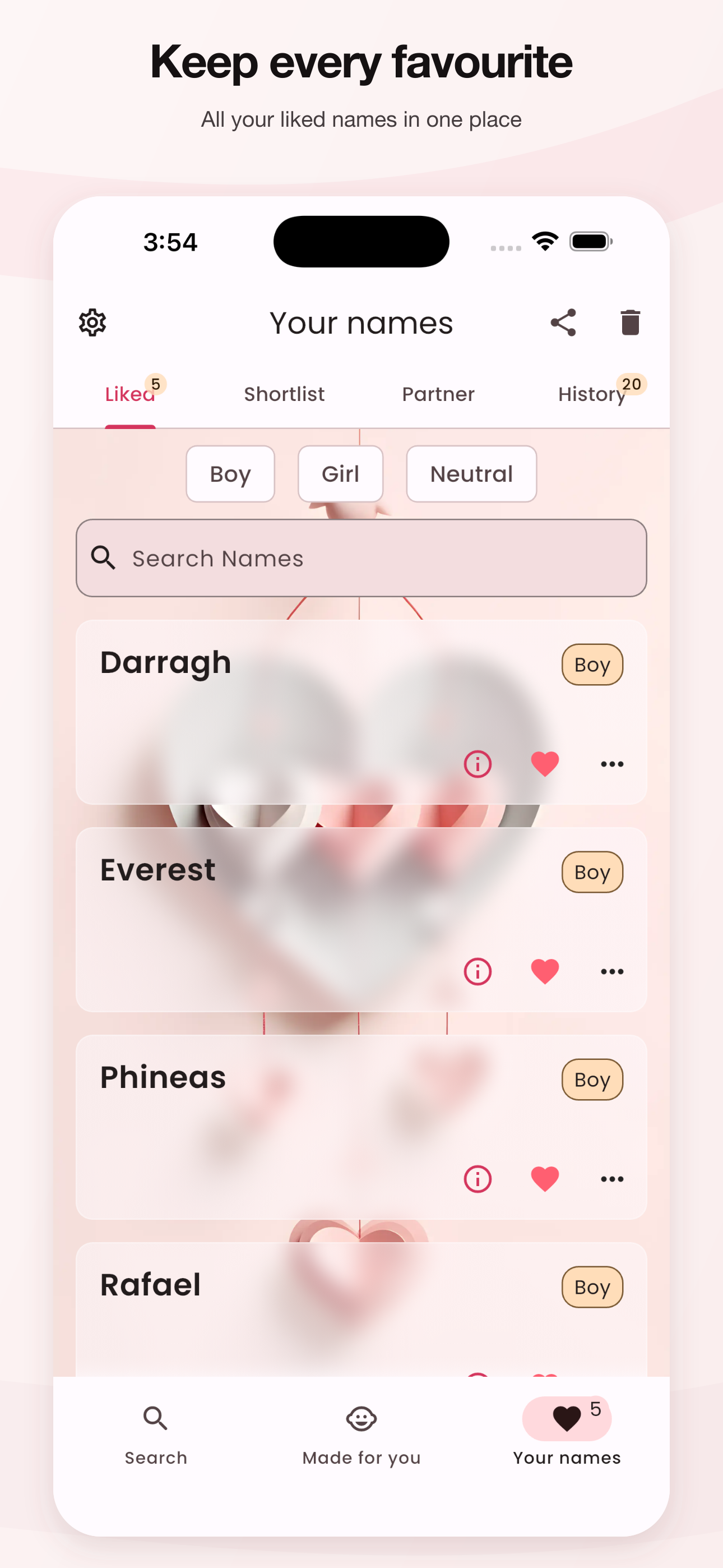 Namely 6.1 saved-name screen with Liked, Shortlist, Partner, and History tabs above sample liked names