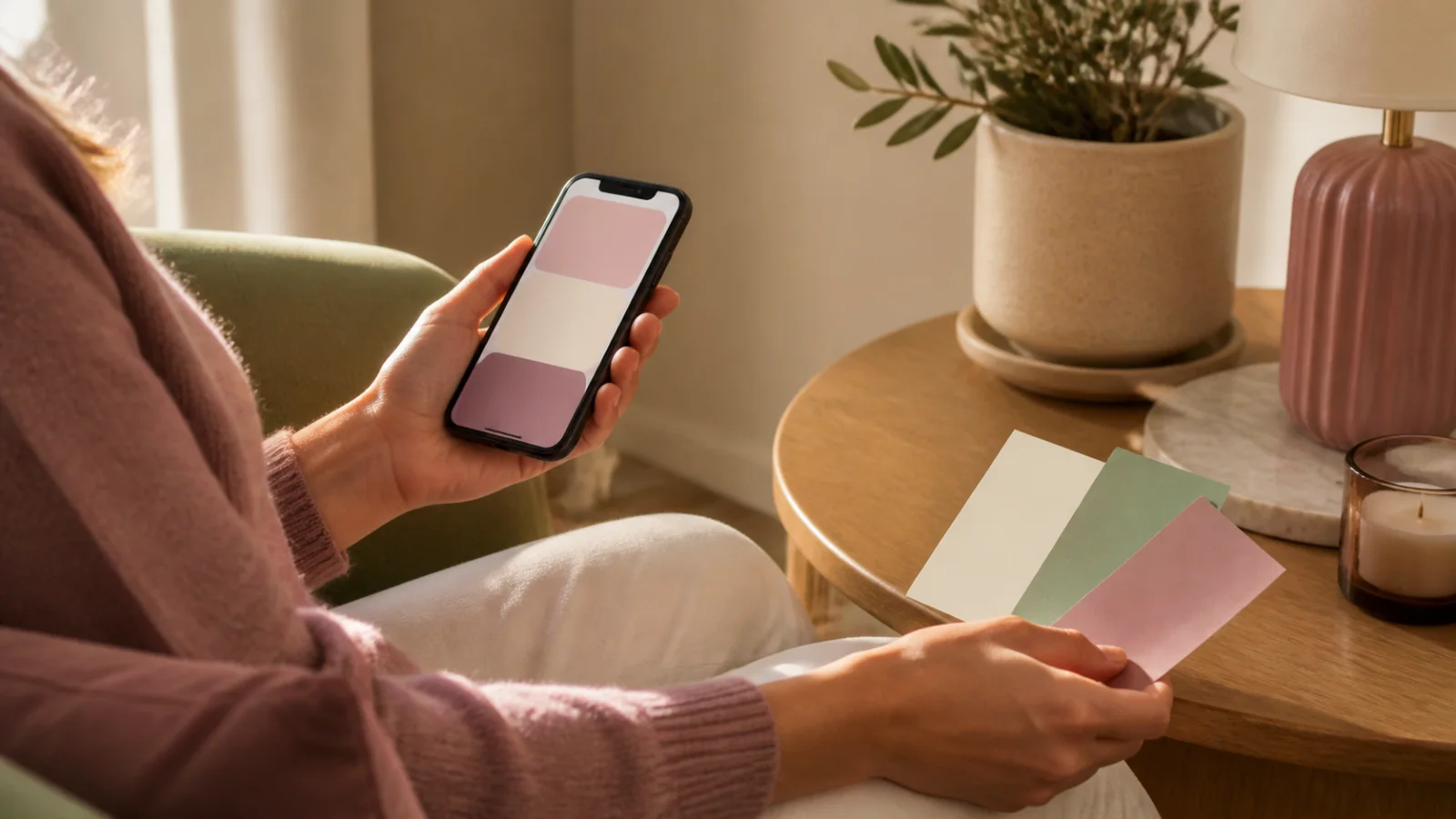 An adult reviewing a phone beside three blank coloured cards after a short baby-name session
