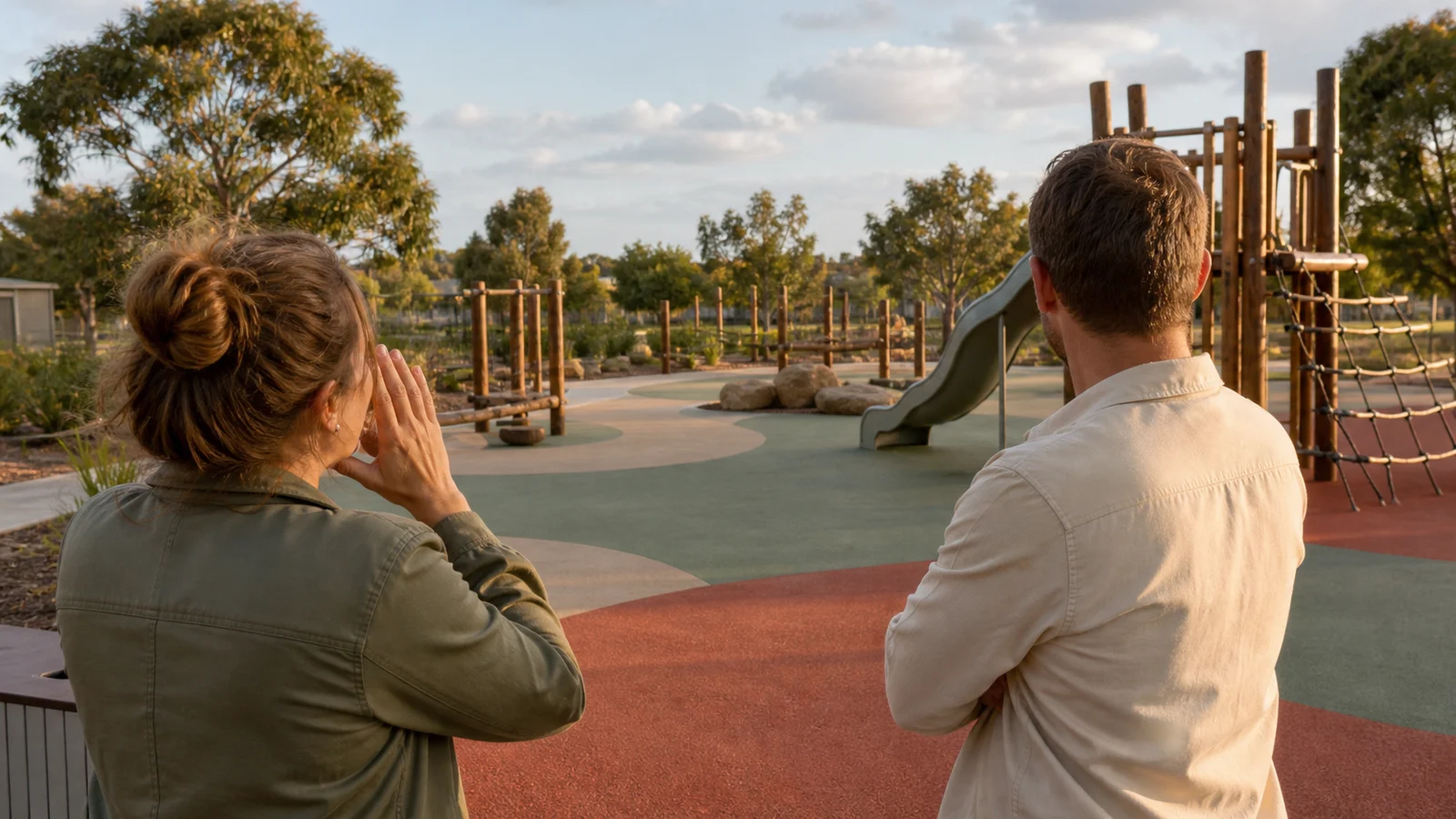 Two adults testing how a possible baby name sounds across an empty playground in warm afternoon light