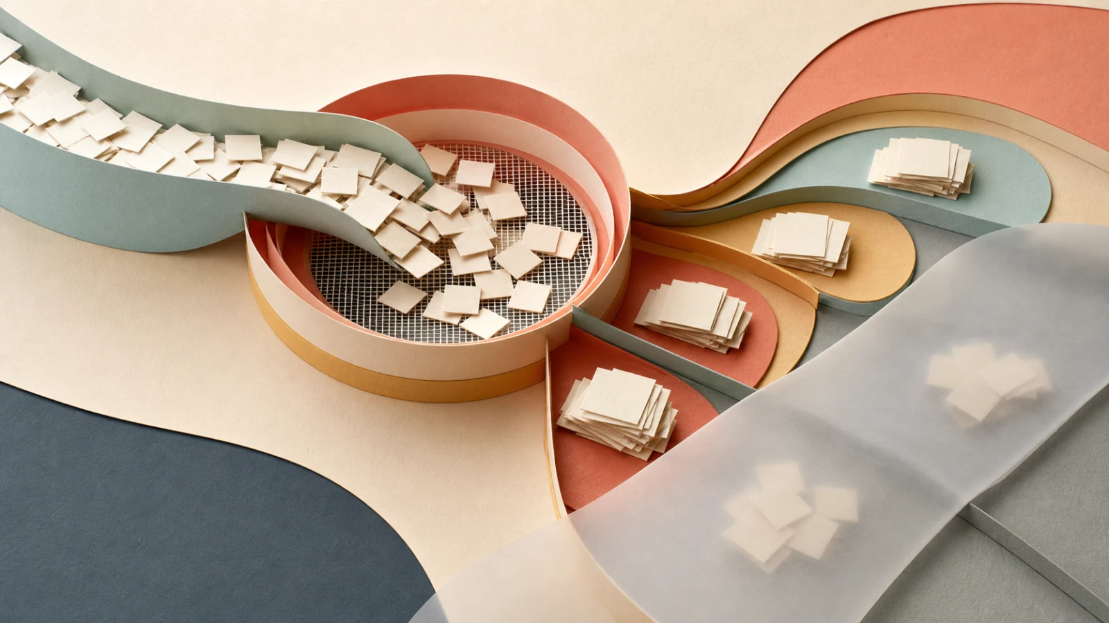 Abstract paper tiles moving through a layered sieve, with grouped tiles visible and a few obscured behind translucent paper